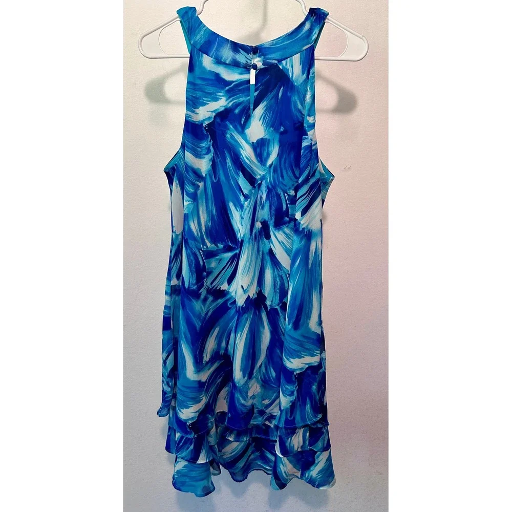 Studio One New York Blue Abstract Print Tiered Ruffle Halter Dress Size 14 - Picture 2 of 8